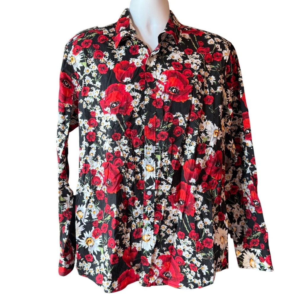 Tunevuse Red Poppy Daisy Floral Button Up Shirt Men's Size Large